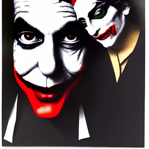 Image similar to richard hamilton and mimmo rottela and banksy as joaquin phoenix skinny joker holding hand lady gaga harley queen, ultra photorealistic, intricate details, pop art style, concept art, ultrarealistic, 3 colors, 4 k, smooth, sharp focus