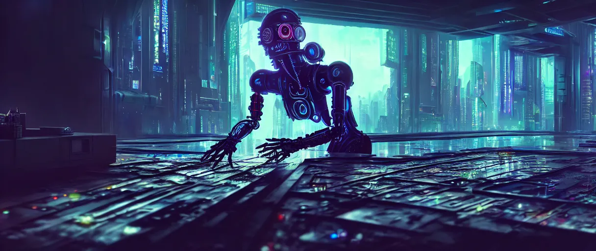 Prompt: an high resolution photo of a cyberpunk automaton paiting on a canvas, hyper detailed, photography, realistic art, 8 k, unreal engine, octane render, cinematic