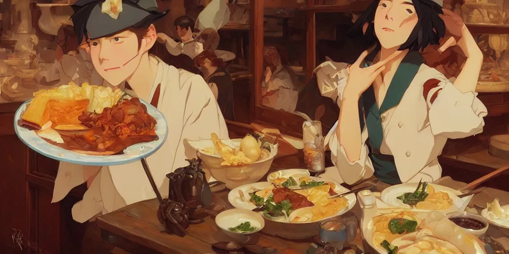 Image similar to amazing food, in the style of studio ghibli, j. c. leyendecker, greg rutkowski, artem