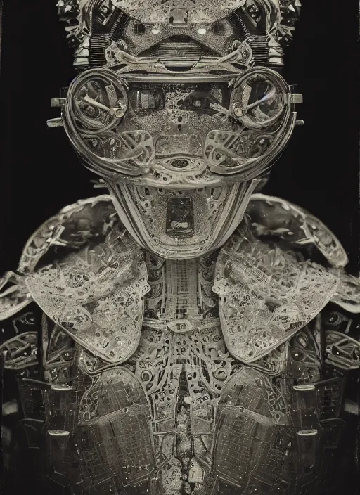 Image similar to old wetplate daguerreotype frame portrait of a futuristic silver armored geisha district 9 cyborg, fractal, intricate, elegant, highly detailed, subsurface scattering, by jheronimus bosch and greg rutkowski and louis jacques mande daguerre