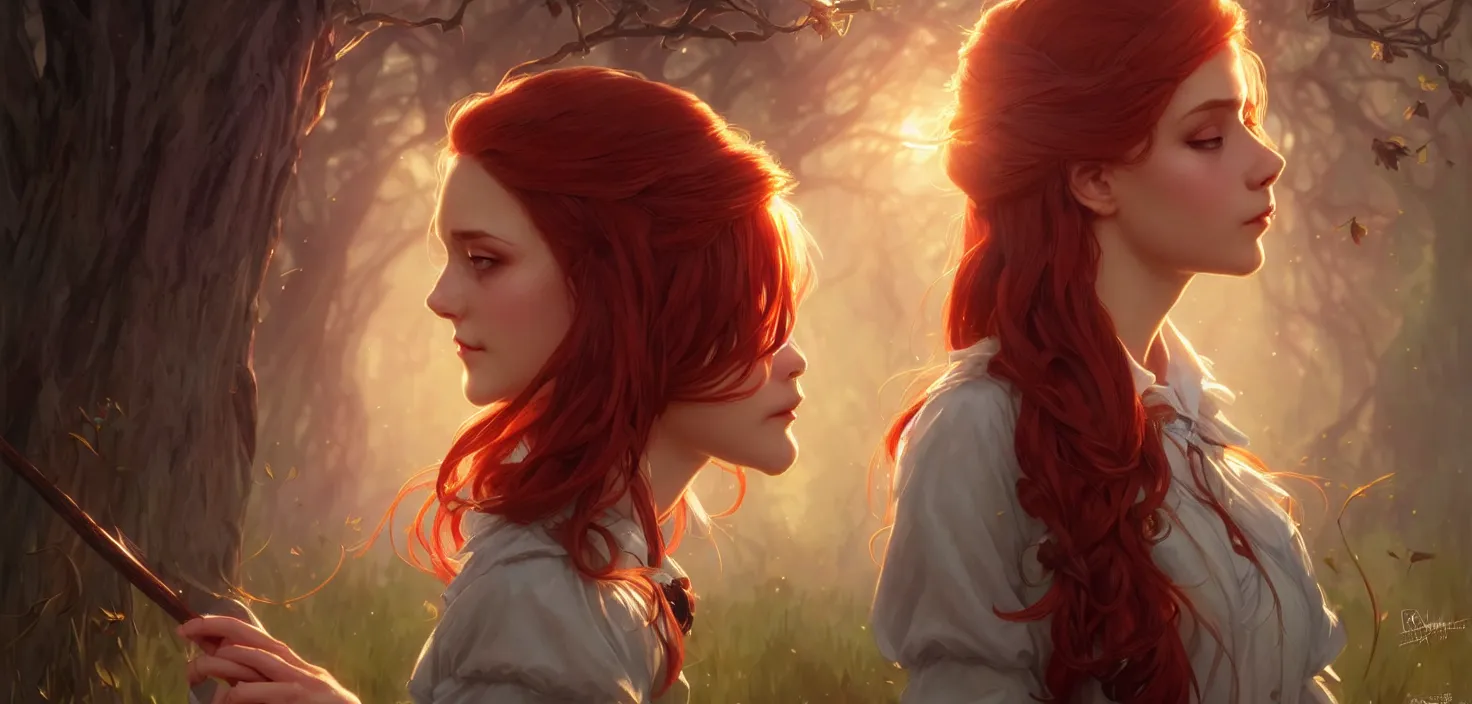 Image similar to side portrait cute female, magic school uniform, fantasy forest landscape, dnd fantasy magic, long red hair, cinematic rim light, intricate, elegant, highly detailed, digital painting, artstation, concept art, smooth, sharp focus, illustration, art by artgerm and greg rutkowski and alphonse mucha