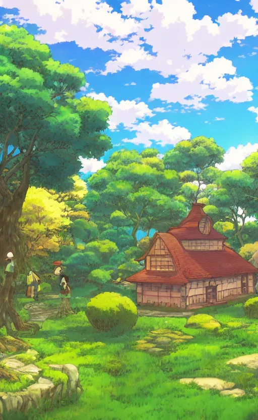 anime screenshot wide-shot landscape with house in the | Stable ...