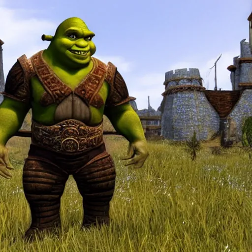 Prompt: shrek in the elder scrolls oblivion