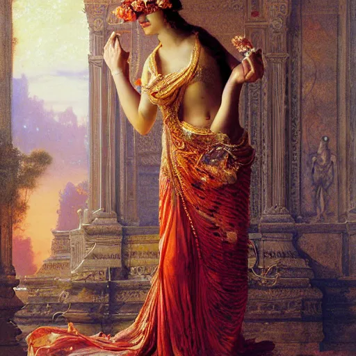 Image similar to detailed full body of hindu traditional girl blindfolded high - tech vr headset in baroque style, girl graceful,, painting by gaston bussiere, craig mullins, j. c. leyendecker, lights, art by ernst haeckel, john william godward, hammershøi,,