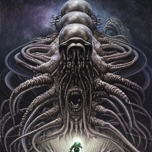 Image similar to outer space with eldritch terror and Cthulhu in the middle of composition, cosmic horror, ultra realistic, highly detailed, HD, sharp focus, cinematic lighting, realistic, art by HR Giger, art by Zdzislaw Beksinski