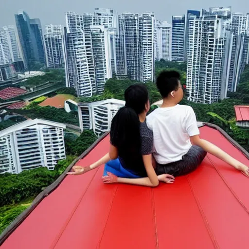 Prompt: award - winning photo of two singapore students on the roof of a hdb flat