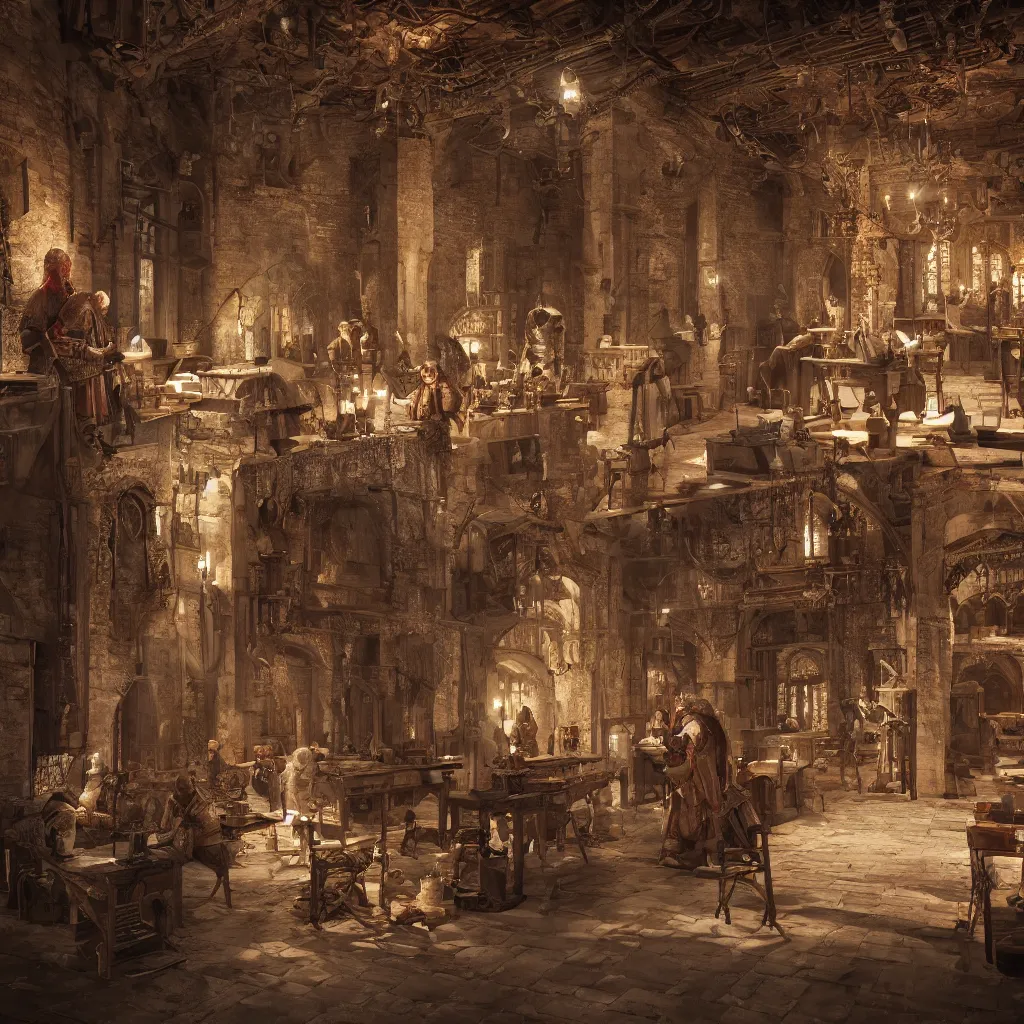 Prompt: medieval craftsmen working inside a medieval building, hypermaximalistic, high details, cinematic, 8k resolution, beautiful detailed, insanely intricate details, artstation trending, octane render, unreal engine