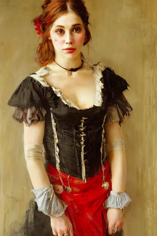 Image similar to Solomon Joseph Solomon and Richard Schmid and Jeremy Lipking victorian genre painting full length portrait painting of a young beautiful woman traditional german french pirate wench in fantasy costume, red background