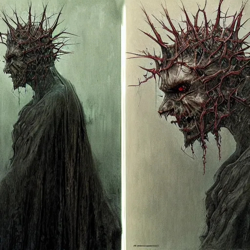 Prompt: portrait of demonic Tom Cruise in hood and crown of thorns, dark fantasy, Warhammer, artstation painted by Zdislav Beksinski and Wayne Barlowe