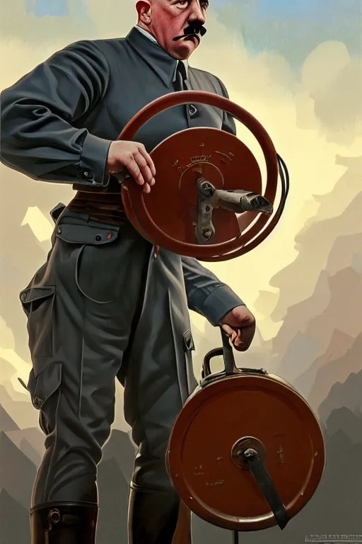 Image similar to clear portrait of adolf hitler benchpressing a big gas container, cottagecore!!, background hyper detailed, character concept, full body, dynamic pose, intricate, highly detailed, digital painting, artstation, concept art, smooth, sharp focus, illustration, art by artgerm and greg rutkowski and alphonse mucha