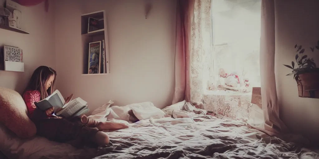 Image similar to girl sitting reading a book in her room, cozy, late afternoon, cinematic