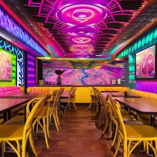 Prompt: Taco Bell dining room DMT trip visuals