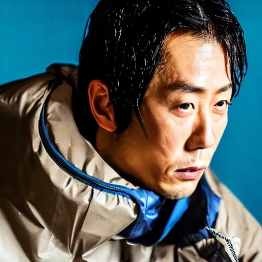 Image similar to a close up photographic portrait of a handsome japanese actor wearing wet weather gear looking worried taken by annie leibowitz. cinematic lighting, blue background colour, 5 0 mm, subsurface scatter, sci fi.