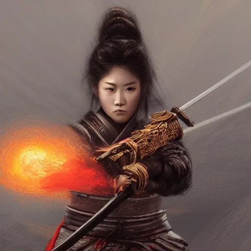 Prompt: a detailed picture of a female samurai holding a flaming katana, ominous nighttime storm, fantasy, d & d, intricate, elegant, highly detailed, digital painting, artstation, concept art, matte, sharp focus, illustration, art by greg rutkowski and rembrandt