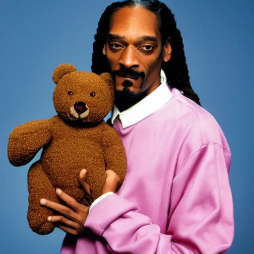 Prompt: Snoop Dogg holding a teddy bear for a 1990s sitcom tv show, Studio Photograph, portrait, C 12.0