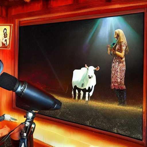 Prompt: a cow singing karaoke in a karaoke machine, very beautiful fantastic painting D&D Concept Art, full length, ultra Realistic, Regal, Refined, Detailed Digital Art, Exquisite detail, post-processing, masterpiece, Cinematic Lighting, Unreal Engine, 8k, HD