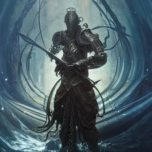 Image similar to knight in heavy armor deep in dark water, tentacles surrounding him, pearl armor, fantasy, highly detailed, digital painting, trending on artstation, concept art, sharp focus, illustration, art by alphonse mucha and artgerm and nixeu and greg rutkowski and magali villeneuve