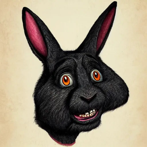 Image similar to A extremely highly detailed majestic hi-res beautiful, highly detailed head and shoulders portrait of a scary terrifying, horrifying, creepy black cartoon rabbit with scary big eyes, earing a shirt laughing, hey buddy, let's be friends, in the style of Walt Disney