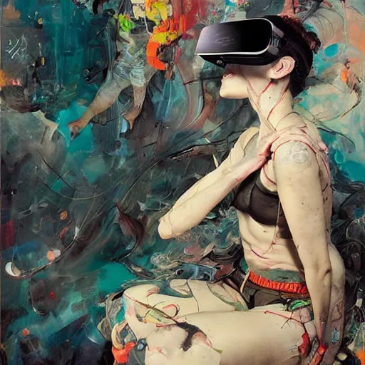 Image similar to woman in a vr headset, cyberpunk in the style of adrian ghenie, esao andrews, jenny saville, surrealism, dark art by james jean, takato yamamoto