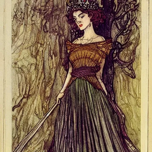 Prompt: Kiera Knightley beautiful Queen of the Fae with brown hair wearing a pleated green dress and a silver diadem, illustration by Arthur Rackham