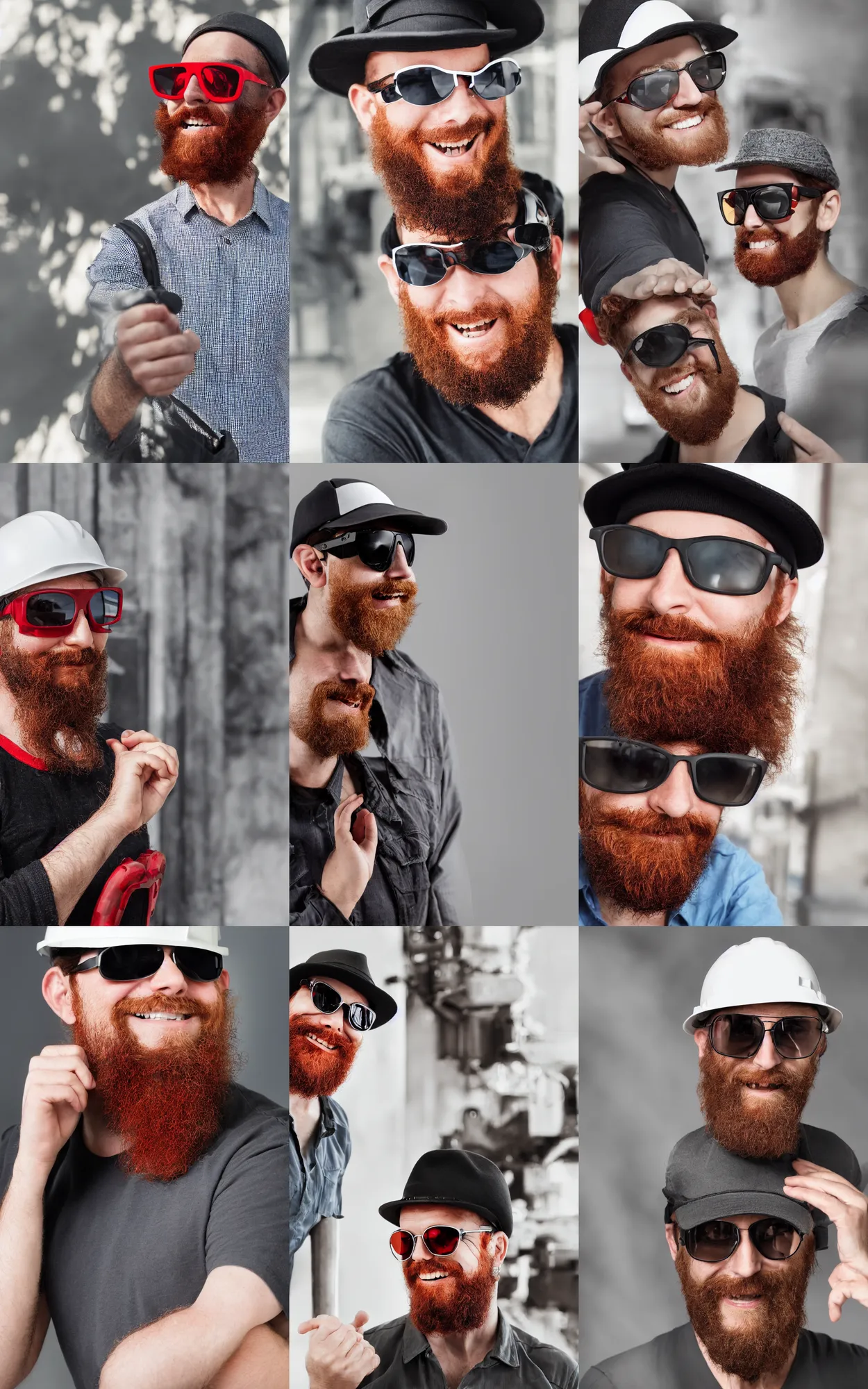 Prompt: red bearded engineer with sunglasses and black hat, smiley profile, white skin, high detailed