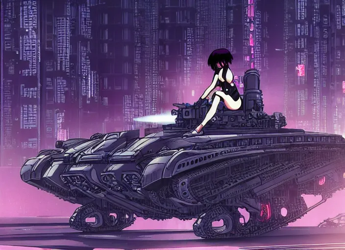 Image similar to motoko kusanagi riding a spider - tank in a grungy cyberpunk megacity, intricate and finely detailed, cyberpunk vaporwave, by phil jimenez, ilya kuvshinov