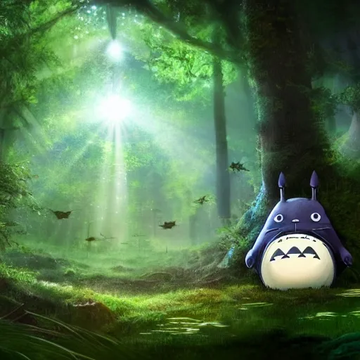 Image similar to A forest with a ray of light shining down onto the forest floor, soot sprouts floating, totoro hiding behind tree, magical, enchanting, beautiful, fantasy, digital art, high detail, excellent quality, 4K, OLED