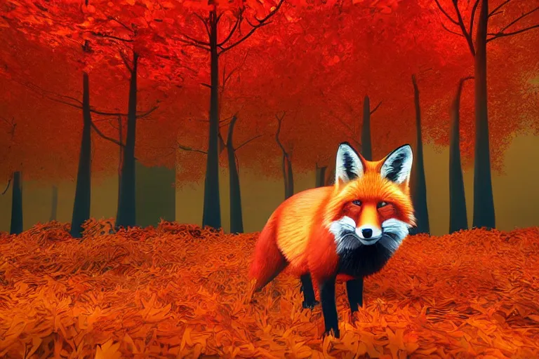 Image similar to super detailed color lowpoly art, red fox in an autumn maple forest, unreal engine, retrowave color palette, 3 d render, lowpoly, colorful, digital art, perspective