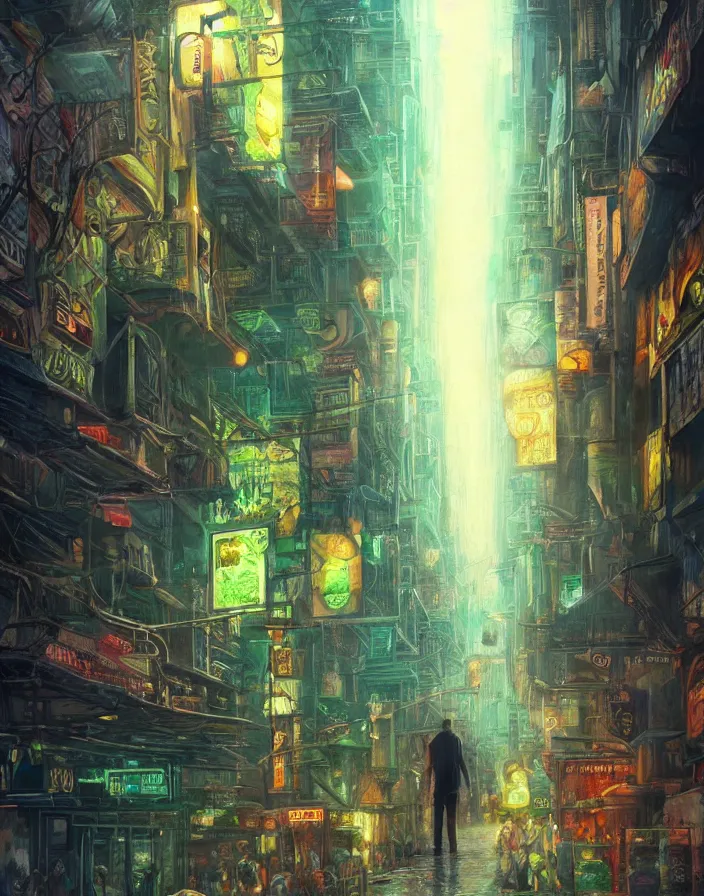 Image similar to god walking the streets of subway city, masterpiece, perfect composition, hyperrealistic, intricate oil pastel glow, dynamic lighting, photorealistic, fantasy concept art, ambient lighting, atmospheric moss, stunning visuals, creative, cinematic, ultra detailed, trending on art station