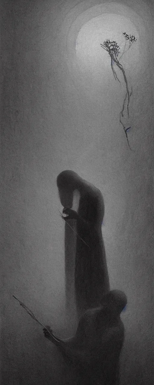 Image similar to dark figure tending to a dried flower in a dark room, zdzislaw beksinski, stephen gamell, 8 k, artstation, interior