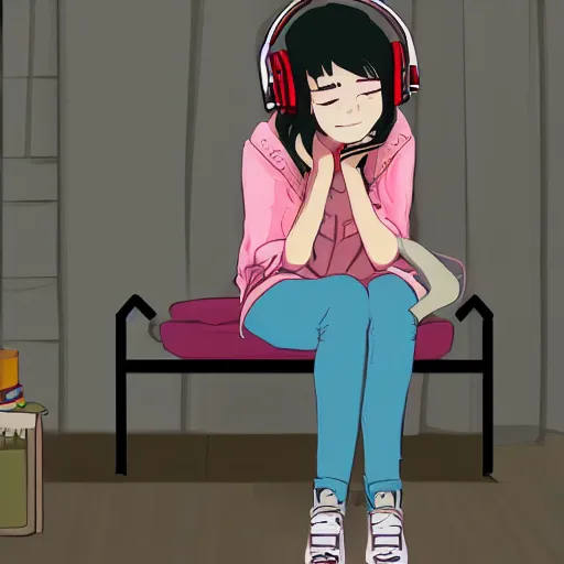 Prompt: lofi hiphop girl sitting in her room with headphones on by Wenqing Yan