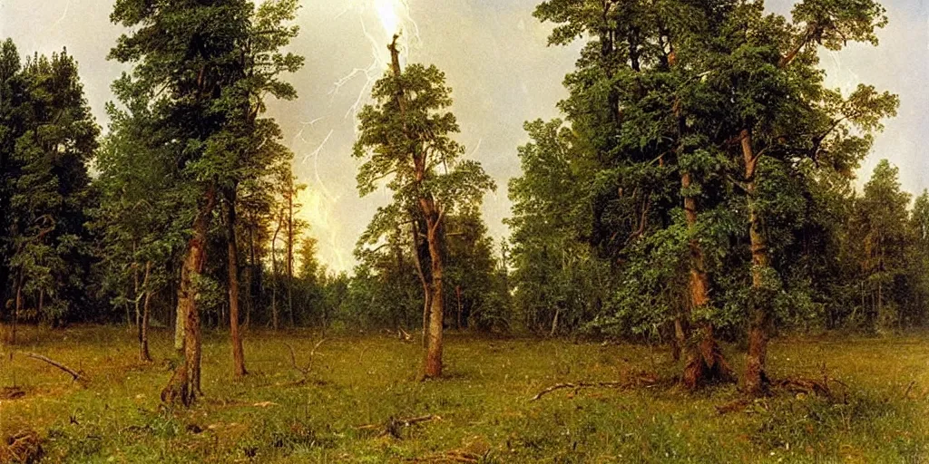 Prompt: lightning strikes a tree in the middle of a field, painting By Ivan Shishkin,