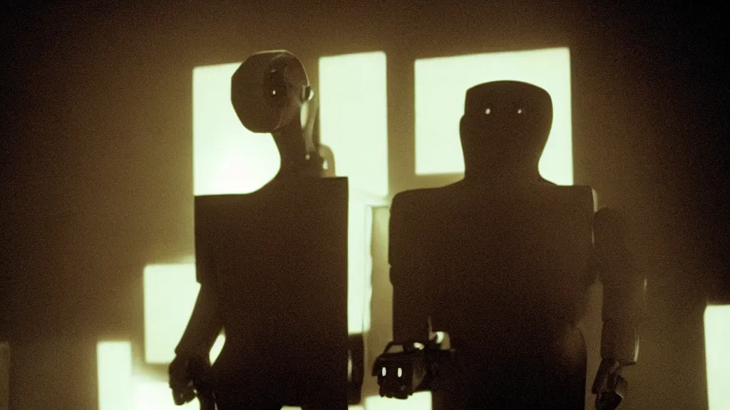 Prompt: The human man with a robot head, movie still, cinematic composition, cinematic light, by David Lynch