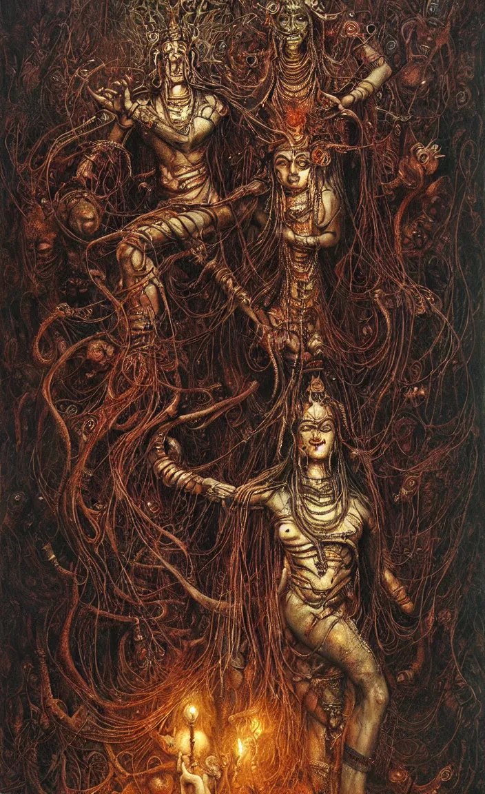 Image similar to Shiva is dancing. Drops of blood. Dark colors, high detail, hyperrealism, intricate details, masterpiece, art by Greg Broadmore, Esao Andrews, Beksinski, Giger