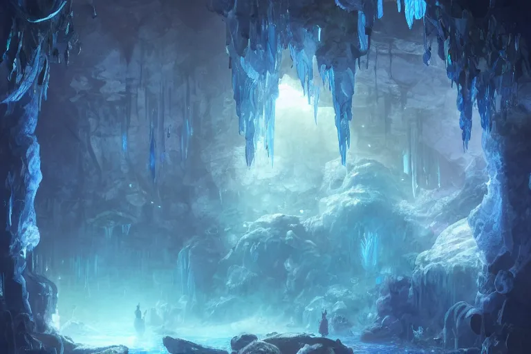 Image similar to underwater crystal caverns, concept art, beautiful blue lights, glowing crystals, d & d, fantasy, highly detailed, masterpiece, volumetric lighting, digital painting, artstation, smooth, sharp focus, illustration, art by artgerm, by greg rutkowski