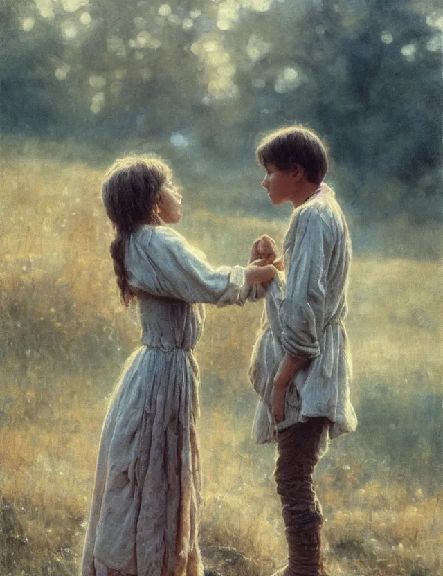 Image similar to peasant boy and girl first kiss, secretly on a village, Cinematic focus, Polaroid photo, vintage, neutral colors, soft lights, foggy, by Steve Hanks, by Serov Valentin, by lisa yuskavage, by Andrei Tarkovsky 8k render, detailed, oil on canvas