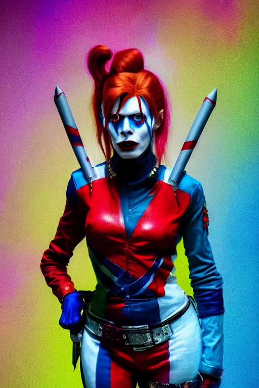 Image similar to portrait of david bowie as a harley quinn in suicide squad. intricate abstract. intricate artwork. by tooth wu, wlop, beeple, dan mumford. octane render, trending on artstation, greg rutkowski very coherent symmetrical artwork. cinematic, hyper realism, high detail, octane render, 8 k, iridescent accents