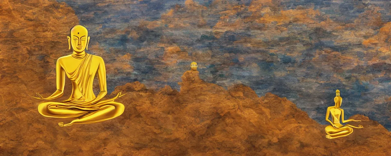 Image similar to a surreal golden painting of a man meditationg on a cliff where he sees giant buddahs eyes floating in the desert