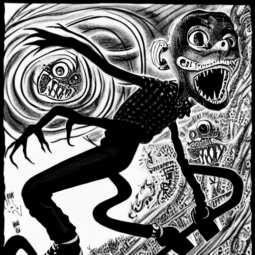 Image similar to black and white trippy comic art of dracularoller skating on roller skates, drawn by martin rowson, tim burton, studio ghibli, alex pardee, nekro petros afshar, james mcdermott, cgsociety 4 k