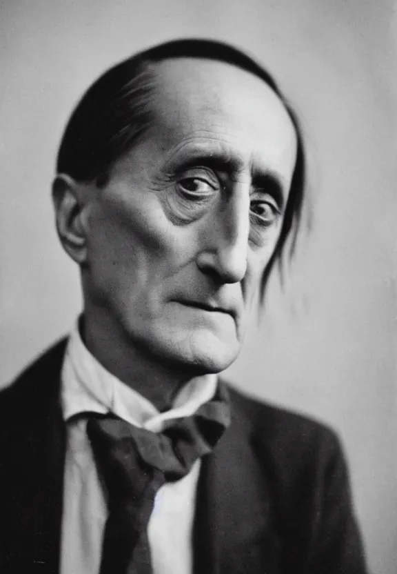 Prompt: a close - up casual photo of marcel duchamp with pensive eyes, blurry, motion blur, 1 9 2 0 s monochrome snapshot, graflex 4 x 5, f 1. 8, 3 5 mm, ilford delta 3 2 0 0 pro, cyborg