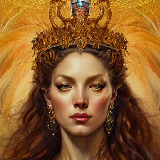 Image similar to highly detailed portrait of a majestic lioness queen in the form of a beautiful woman. d & d. art by eugene delacroix, donato giancola, anna dittmann, arthur adams, alberto vargas. trending on artstation, intricate details, energetic composition, golden ratio, concept art, illustration, elegant art, global illuminaition