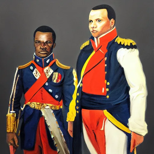 Image similar to portrait of napoloen bonaparte and toussaint l'ouverture standing proudly shoulder to shoulder, painting by rose roosendaal, trending on artstation