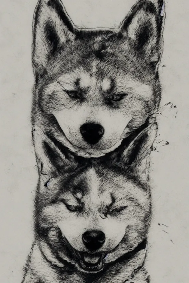 Image similar to a portrait of a shiba inu, in the style of yoji shinkawa artistic, highly detailed