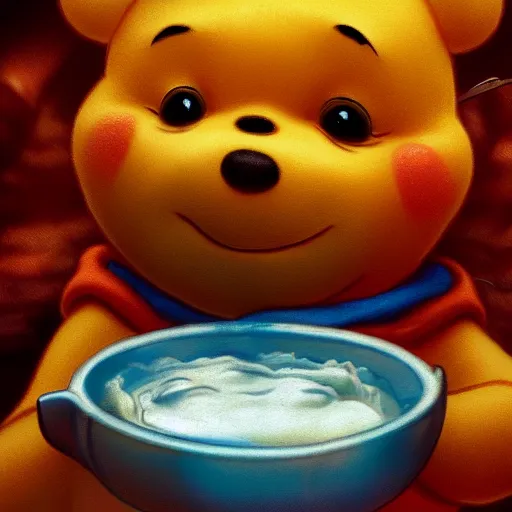 Image similar to winnie the pooh eating lasagne, extreme close up cute dystopian award winning photography, extremely detailed, artstation, 8 k, sensual lighting, incredible art, wlop, artgerm