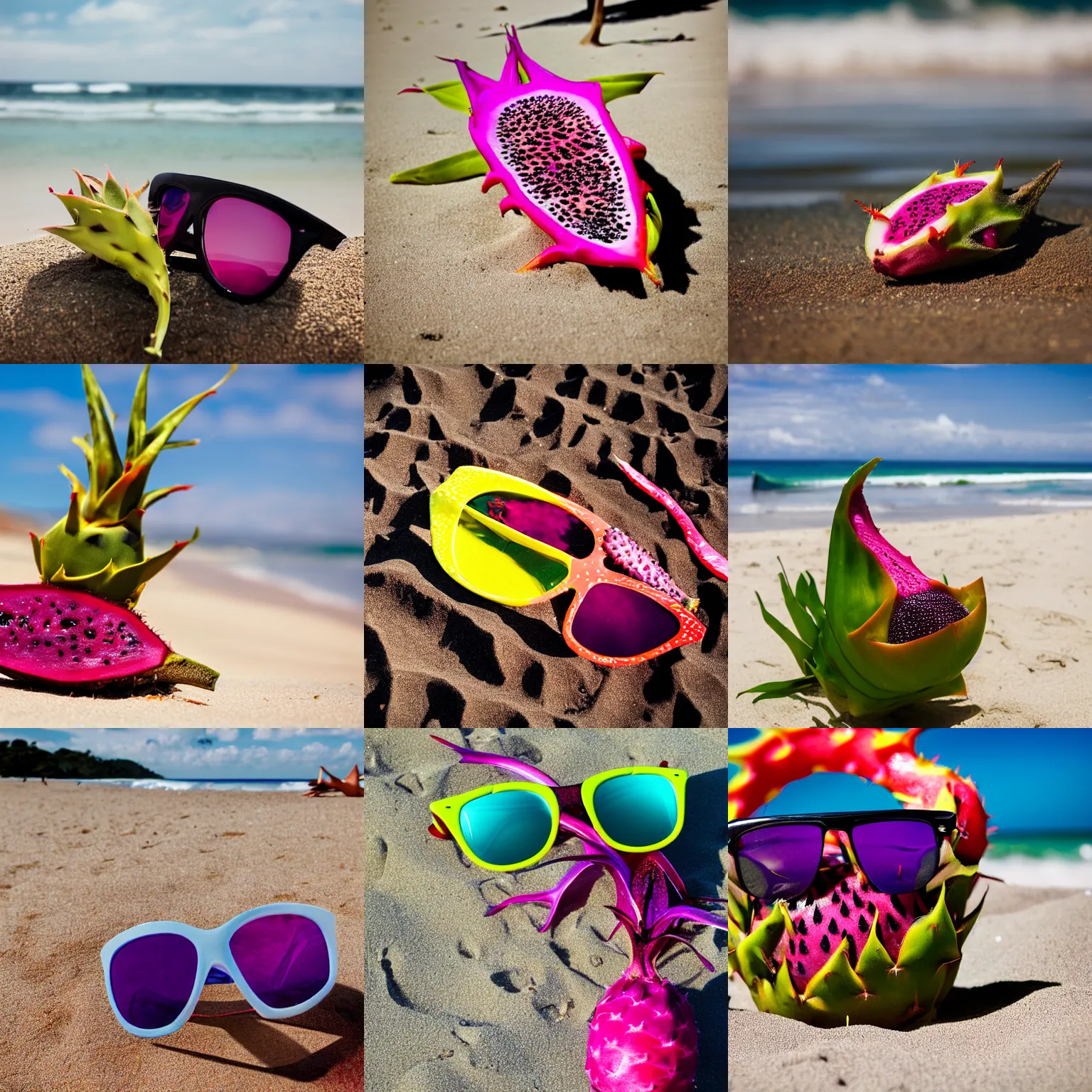 Prompt: 5 5 mm photograph of an cool dragonfruit with sunglasses chilling on the beach in a thong