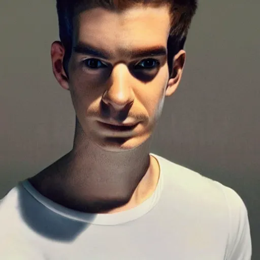 Image similar to “a realistic detailed photo of a guy who is an attractive humanoid who is half robot and half humanoid, who is a male android, Andrew Garfield, shiny skin, posing like a statue, blank stare”