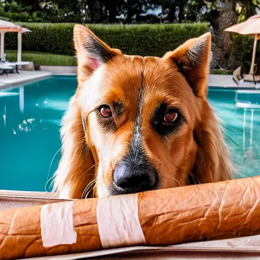 Image similar to a very detailed photo of a dog smoking a cigar outside the mansion by the pool