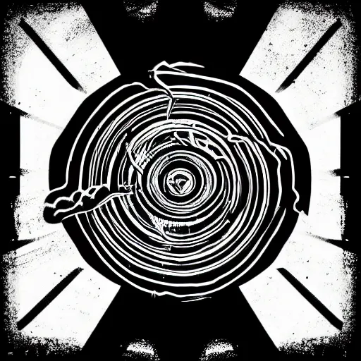 Prompt: tattoo logo black hole with accretion disk rises above the city destroying it with a shockwave, digital art, black and white, vector sticker, art by gonzalo fuenmayor, asher brown durand