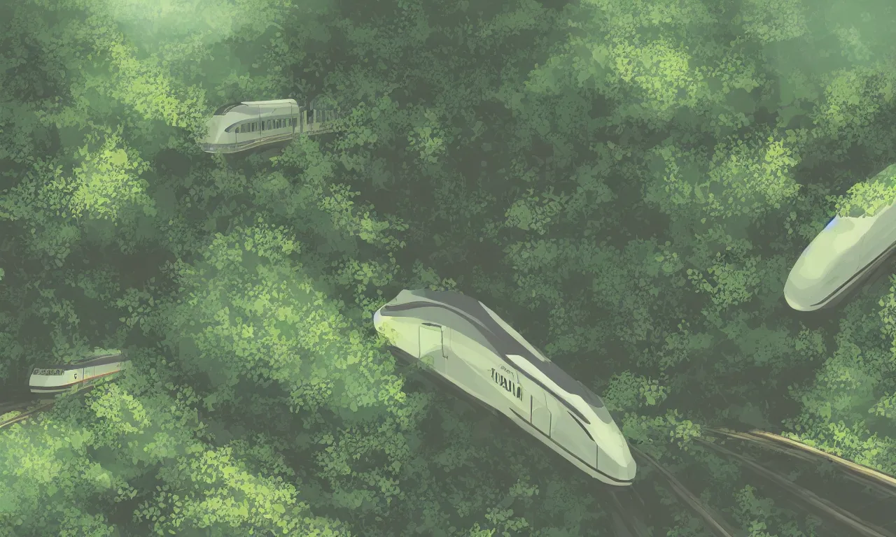 Prompt: deserted bullet train riding forested blobs, digital art, 3d, illustration