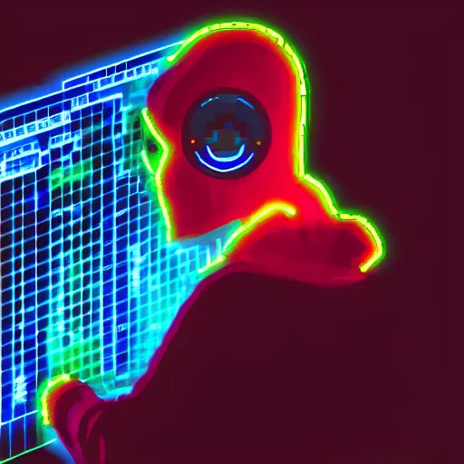 Image similar to close up portrait of cyber hacker plugged into computer, neon lights, pixel art